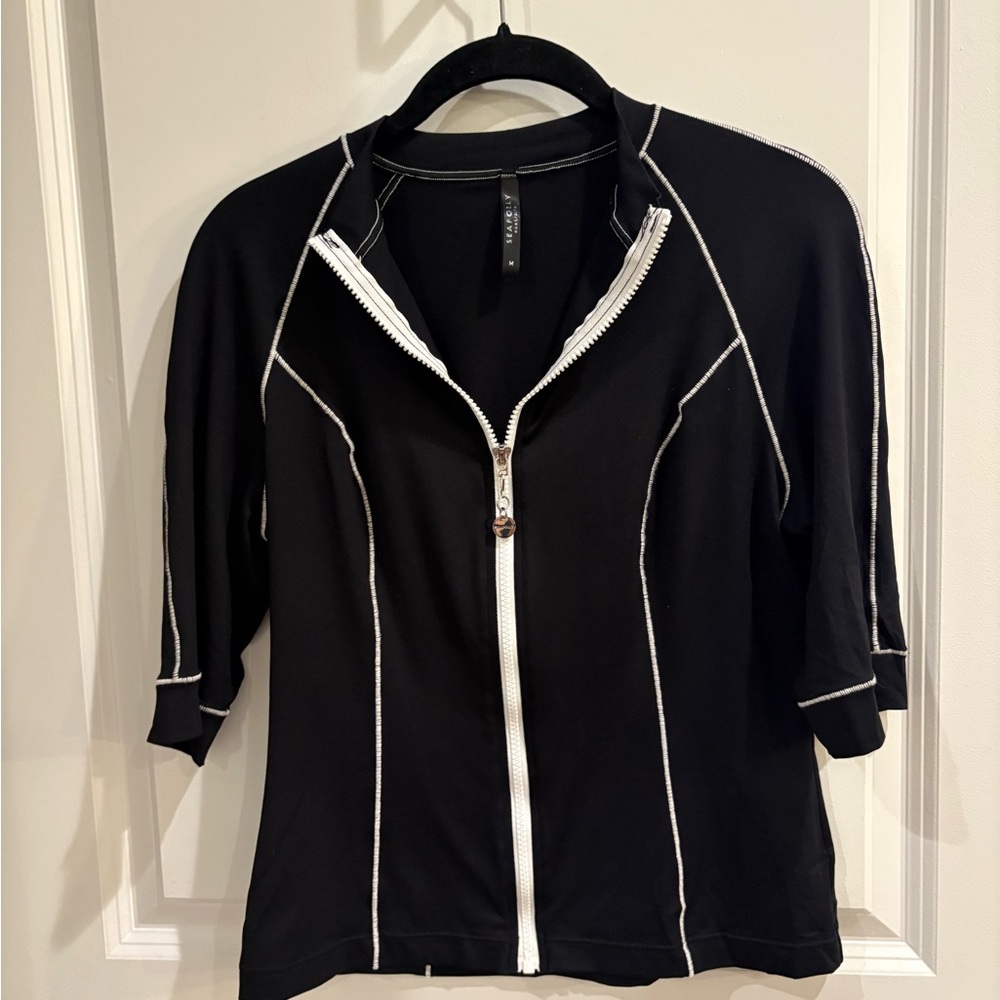 Seafolly Australia Black Swim SunVest Top with White Stitching Short Sleeve